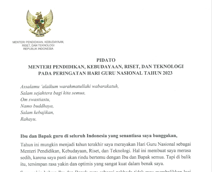 Sambutan Mendikbudristek pada Peringatan Hari Guru Nasional Tahun 2023